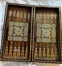 Vintage Detailed Inlaid Wood Marquetry Backgammon Chess Folding Game Board 20x20 picture