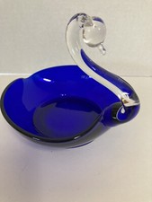 Vintage Swan Glass Trinket Candy Dish Cobalt Blue and Clear Heart Shape 6” MCM picture