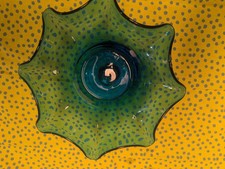 Blenko Art Glass Ruffled Edge Turquoise Teal Blue Decorative Bowl Hand Blown Vtg picture