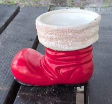 Ceramic Christmas Santa Boot Planter Red White Black Glossy Glitter Cuff picture