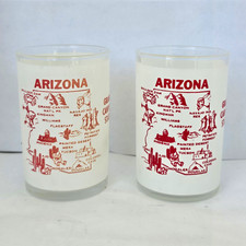 Vintage Hazel Atlas Arizona Map Glasses Set 2 Frosted Red Souvenir Tumblers MCM picture