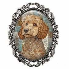 Goldendoodle Puppy Dog Brooch Vintage Boho Pin Silver Glass Dome Dog Mom Gift picture