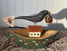 Folk Art Primitive Wooden Crow Blackbird On Boat Signed picture