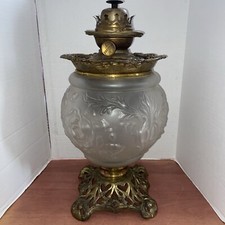Antique Clear Satin Glass Oil Lamp - Leaves & Roses - Success PLB & G Co. Brass picture