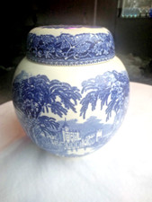 Vintage Mason's Vista Blue Round Covered Vase with Lid - Excellent picture