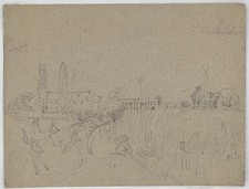 River Embankment Men with Rifles Duck Hunting Party 1858s Marsh Rowboat picture