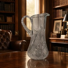 circa 1900s–1950s Clear Cut Glass Pitcher with Floral Etching picture