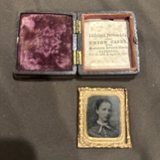 Victorian Antique 1800’s Leather Union Case w Daguerreotype Lady in Fancy Dress picture