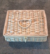 Vintage 1970s Wicker Sewing Basket Box Made in Taiwan Gingham Lining Spools Lot picture