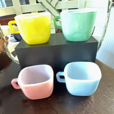 Glasbake Set of 4 Square Glass Mugs 12 oz Pastel Multicolor w/ Handle picture