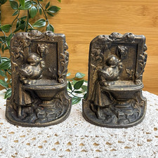 Antique Art Nouveau Cast Iron Bookends Girl at Fountain Lion Bronzed Heavy Pair picture
