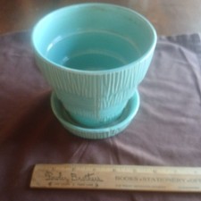 Vintage McCoy 5 inch Aqua Blue Flower Pot Basketweave w/Attached Saucer picture
