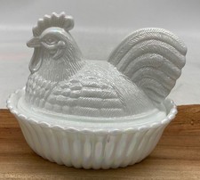 Covered Rooster Dish - Milk Carnival - Mosser Glass, USA picture