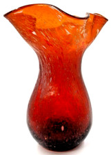 Amber Glass Vase Hand Blown Ruffle Top Colored Specks & Swirls 7.5