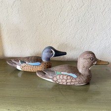 Hand Painted Wood Duck Decoys Pair Blue Winged Teal Male Female Signed Folk Art picture