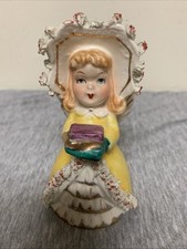 Vintage Hand Painted Ceramic Angel Girl Spaghetti Trim Figural Hand Bell picture