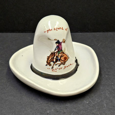 VTG Porcelain Cowboy Hat Dresser Trinket Tray The Round Up Let'er Buck Western picture