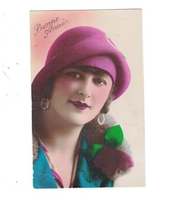 SD1333  ROARING TWENTIES MODEL  HEAVY COL. FELT HAT, DIAMOND EARRINGS RPPC picture