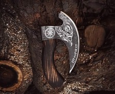 HAND-FORGED PIZZA CUTTER AXE CARBON STEEL ASH WOOD HANDLE W/ LEATHER SHEATH GIFT picture