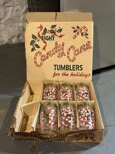 Set 6 Vintage Hazel Atlas Christmas Candy Cane Holly Glasses Tumbler Mid Century picture