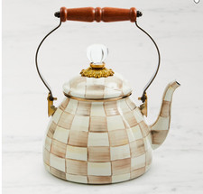 MacKenzie-Childs Mocha Check Tea Kettle Stovetop Teapot Kitchen Cookware picture