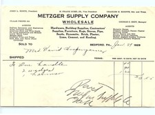 1929 Metzger Supply Co. Wholesale Billhead - Hardware/Suppli picture