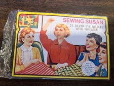 Vintage Sewing Susan 21 Silver Eye Needles  w/Threader - Accoutrements NOS picture