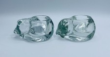Vintage Indiana Glass Sleeping Cat Votive Candle Holders Clear Crystal Pair 2 picture