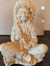 Vintage American Indian  Sitting Chief Statue Mission Swirl Clay 9 inches tall picture
