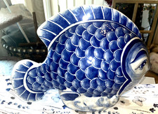 Lg Unique Blue White Chinoiserie Fish Figurine Heavy Porcelain Asian Hamptons A2 picture