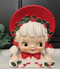Vintage Lefton Christmas Pigtails Girl Head Vase Original Red Sticker #2097 picture