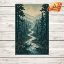 Misty Pine Forest River Landscape Nature Scene Metal Tin Sign Decor picture