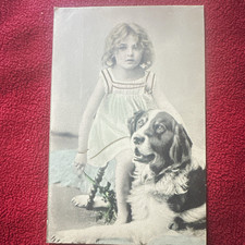 Vtg Unposted Original Girl w/ Dog Postcard, Divided Back (1907-1915) colorized picture