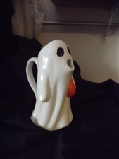 Halloween GHOST SHAPED Ceramic Pitcher, White Orange Black 34 Fl oz. NWT picture