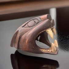 Solid Wood Large Hand Carved Brown Large Jaguar Cougar Panther Head Sculpture picture