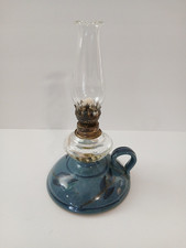 Vintage Studio Pottery Finger Oil Lamp Blue Ceramic Ruffled Glass Shade 9.5