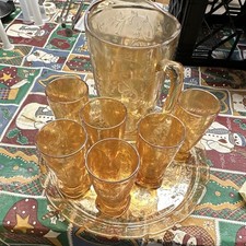 Vintage Jeanette Florigold Depression Ware Glass Pitcher, Tumblers and Tray Set picture