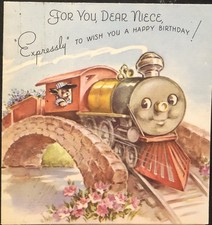 Vtg Birthday Greeting Card Anthropomorphic Train Puppy Dog Conductor To Niece picture