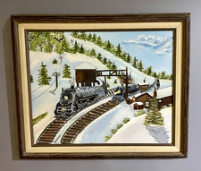 Original Vintage Steam Locomotive Train Oil Painting Snowy Mountain Framed 16x20 picture