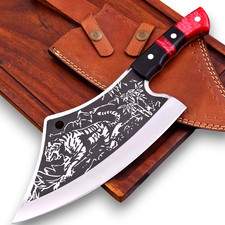 Heavy Duty Cleaver Carbon Steel Tiger Etched Resin Knife With Leather Sheath picture