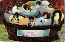 PC MULTIPLE BABIES CHILDREN EASTER EGGS VINTAGE POSTCARD (b68768) picture