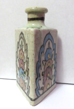 ANTIQUE HANDPAINTED STONEWARE TRIANGLE SHAPED BOTTLE picture