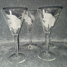 Vintage McBride Cameo Stemmed MCM Cocktail Etched Frosted Leaf Glasses SET OF 4 picture