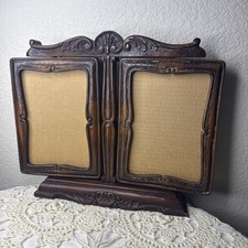 Vintage Victorian Gothic Ornate Wood Double Swivel Picture Frame 1920s 5x7 picture