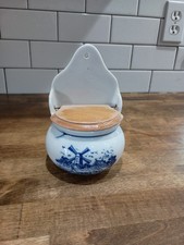 Vtg Telaflora Delft Wall Salt Box Cellar Blue White Windmill Farm Wood Lid Dutch picture