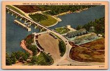 Postcard Aerial View of Approach to Grand River Dam, NE Oklahoma linen UNP picture