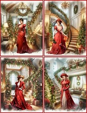 8 CHRISTMAS Ladies Vintage Victorian Staircase blank glossy red envelopes picture