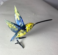 Hand blown glass bird Hummingbird Murano style art figurine Yellow Blue 4.8