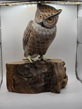 Great Horned Owl Hand Carved Wood 10 Inch Statue Vintage picture