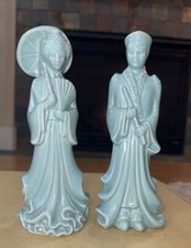 Vintage Light Blue Glaze Asian Figures Parasol 1940-1950s? Ceramic PRETTY 8” picture